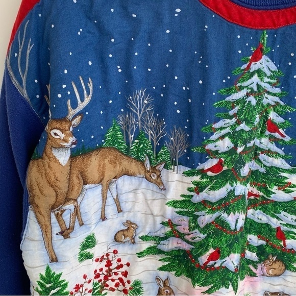 Vintage Crewneck Sweatshirt Winter All Over Print Scene Deer Trees Nature - Picture 6 of 11